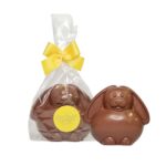 chocolate bunny shown both inside and outside of packaging