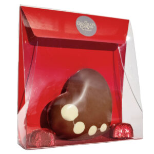 Gift Pack with Milk Chocolate Heart decorated, and two red foiled carmel chocolates.