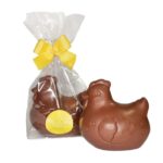 Chocolate hens, one without packaging and one inside wrapper with yellow bow
