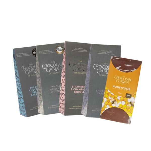 Selection of grey chocolate pouches side by side beside chocolate bar with yellow honey comb wrapper