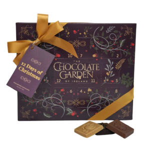 Deep Purple chocolate box with gold silk bow and swing tag